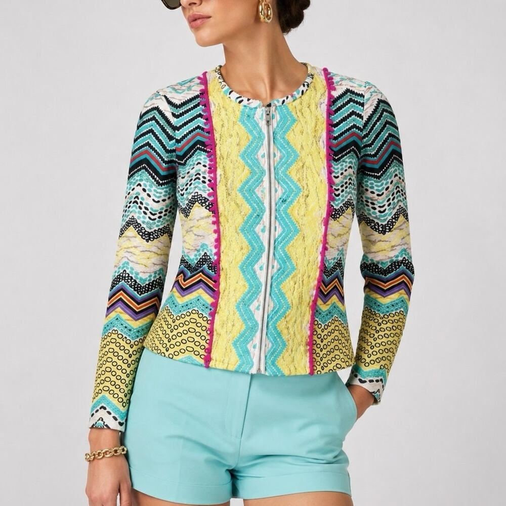 Molly Bracken NWT Multicolor Geometric Pom Pom Zip Statement Jacket Medium Boho